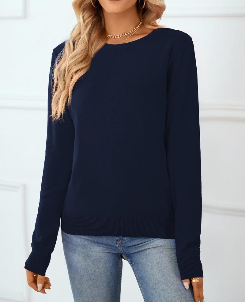 QUALFORT Sweaters for Women Crewneck Sweater 100% Cotton Soft Knit Pullover Tops Navy Medium - Image 4